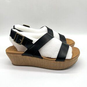 Skechers‎ Womens Size 7.5 Black Vegan Leather Platform Sandals Shoes